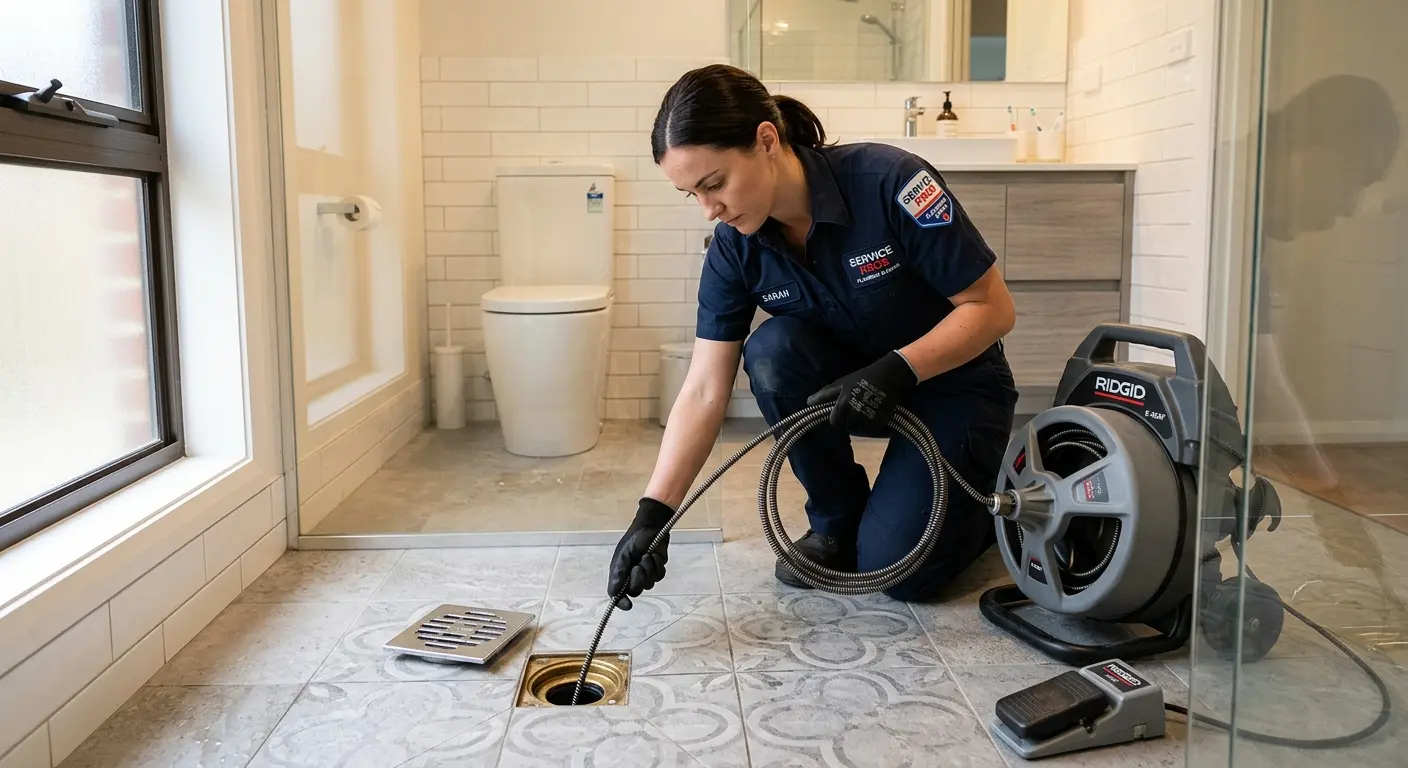 Technician clearing a bathroom floor drain for Sewer Line Installation in Lauderhill